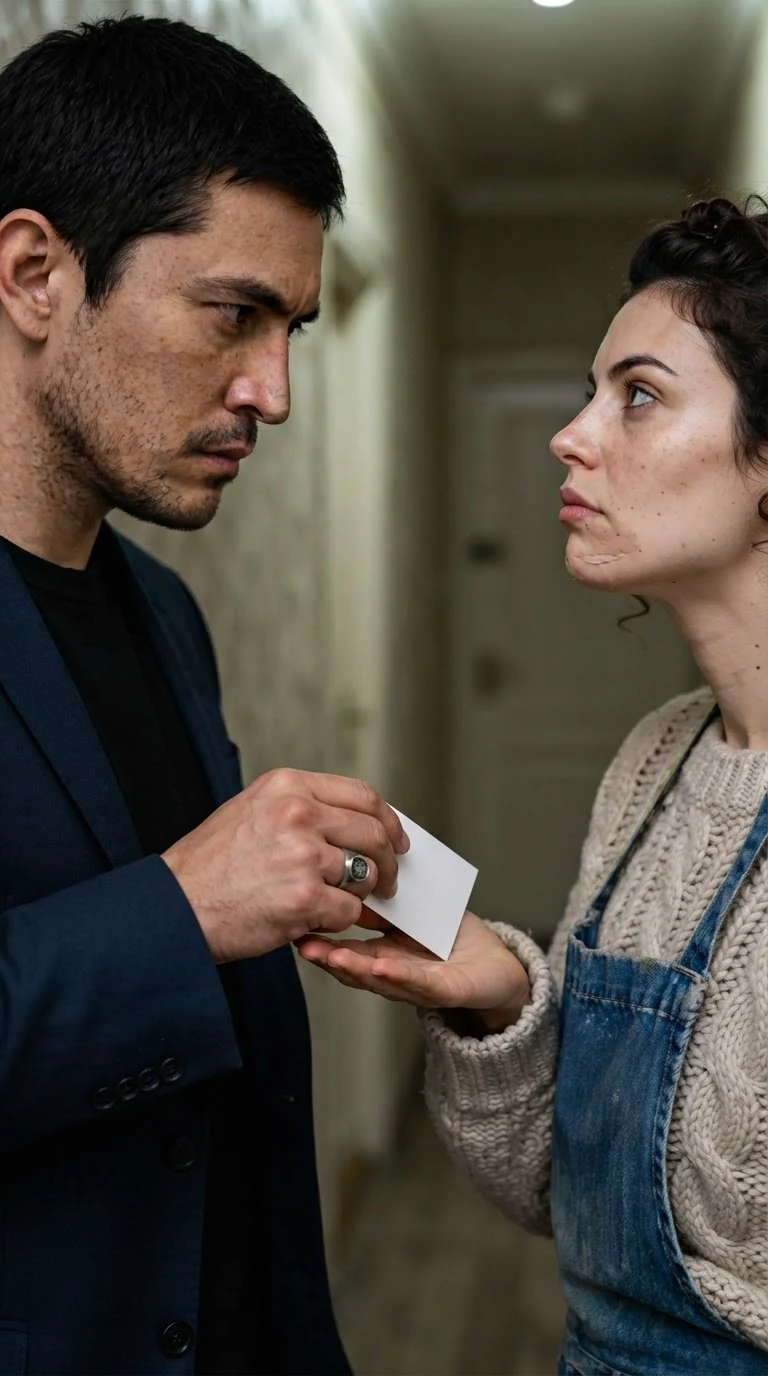 A man presses a small plain card into a woman's palm at a door.