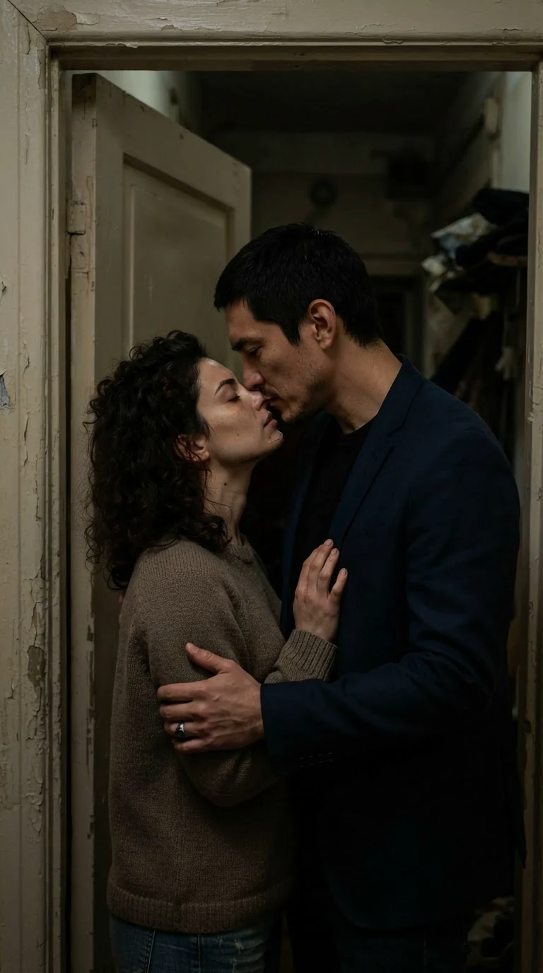 A man kisses a woman softly at her open apartment door.