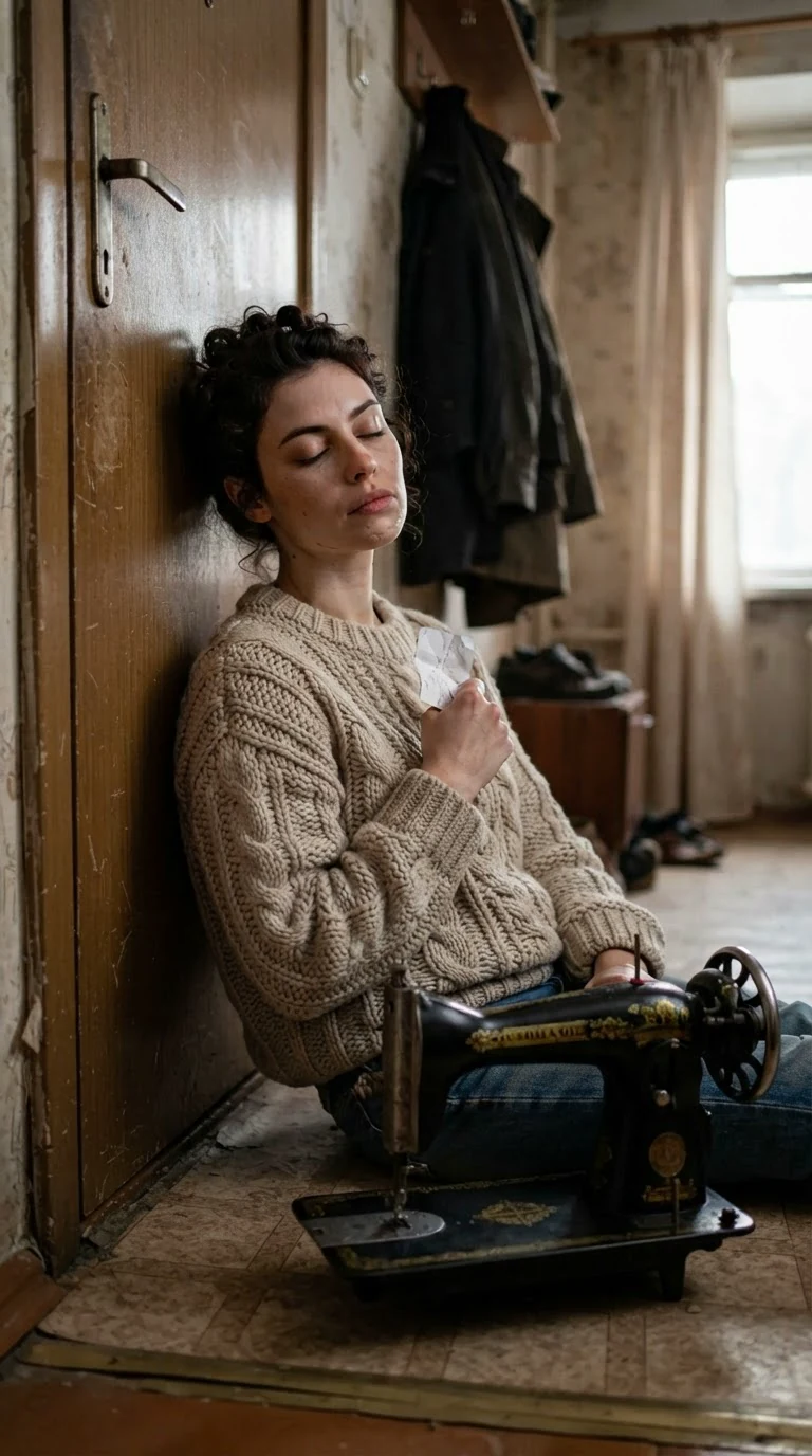 A woman leans back against her closed door with a card in her fist beside an old sewing machine.