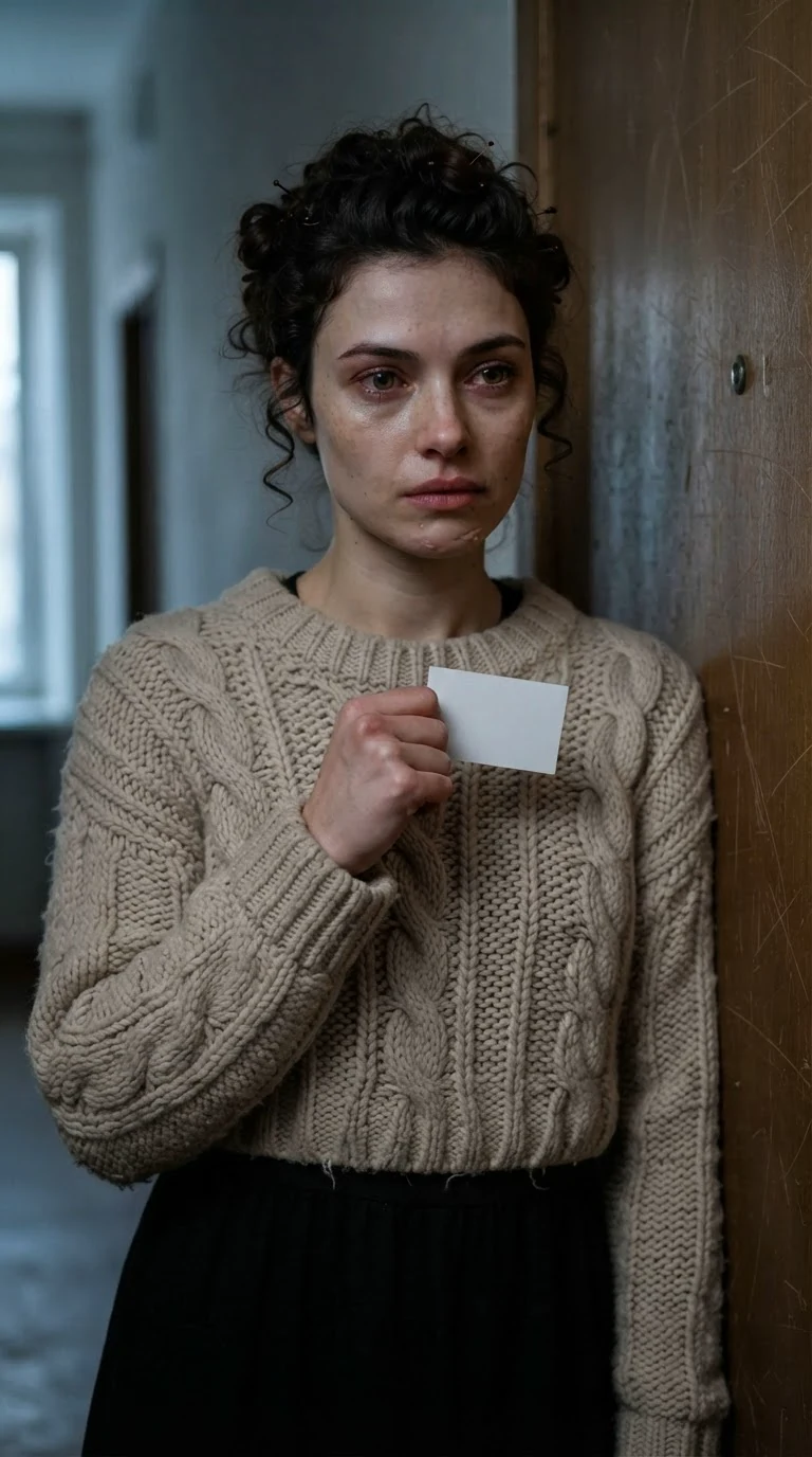 A young woman in a worn sweater stands with her back against her apartment door, one fist open around a small white card.