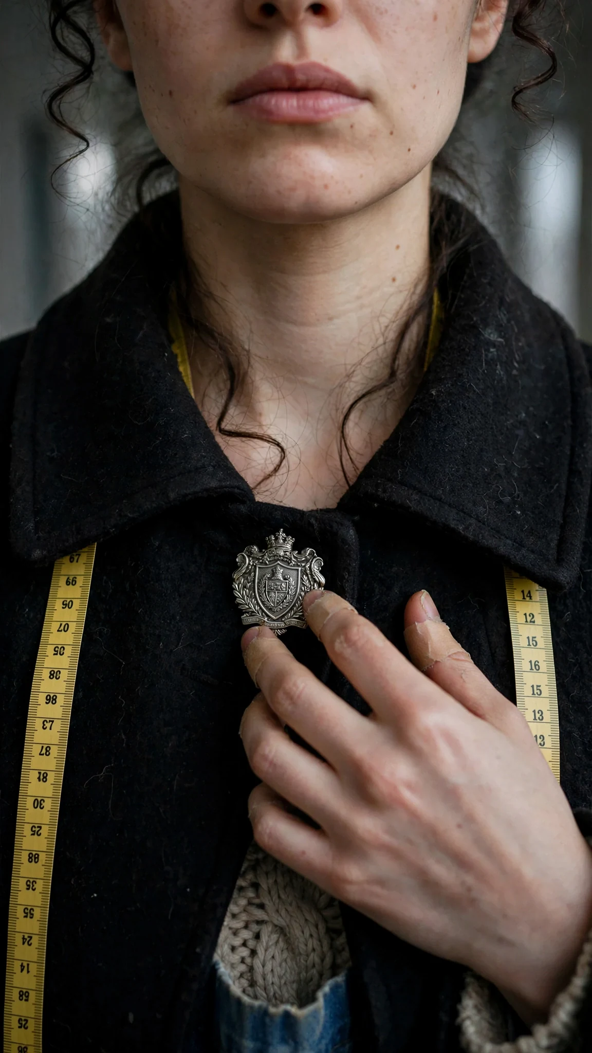 A silver pin with a crest sits on the collar of her coat, her fingers just touching it.