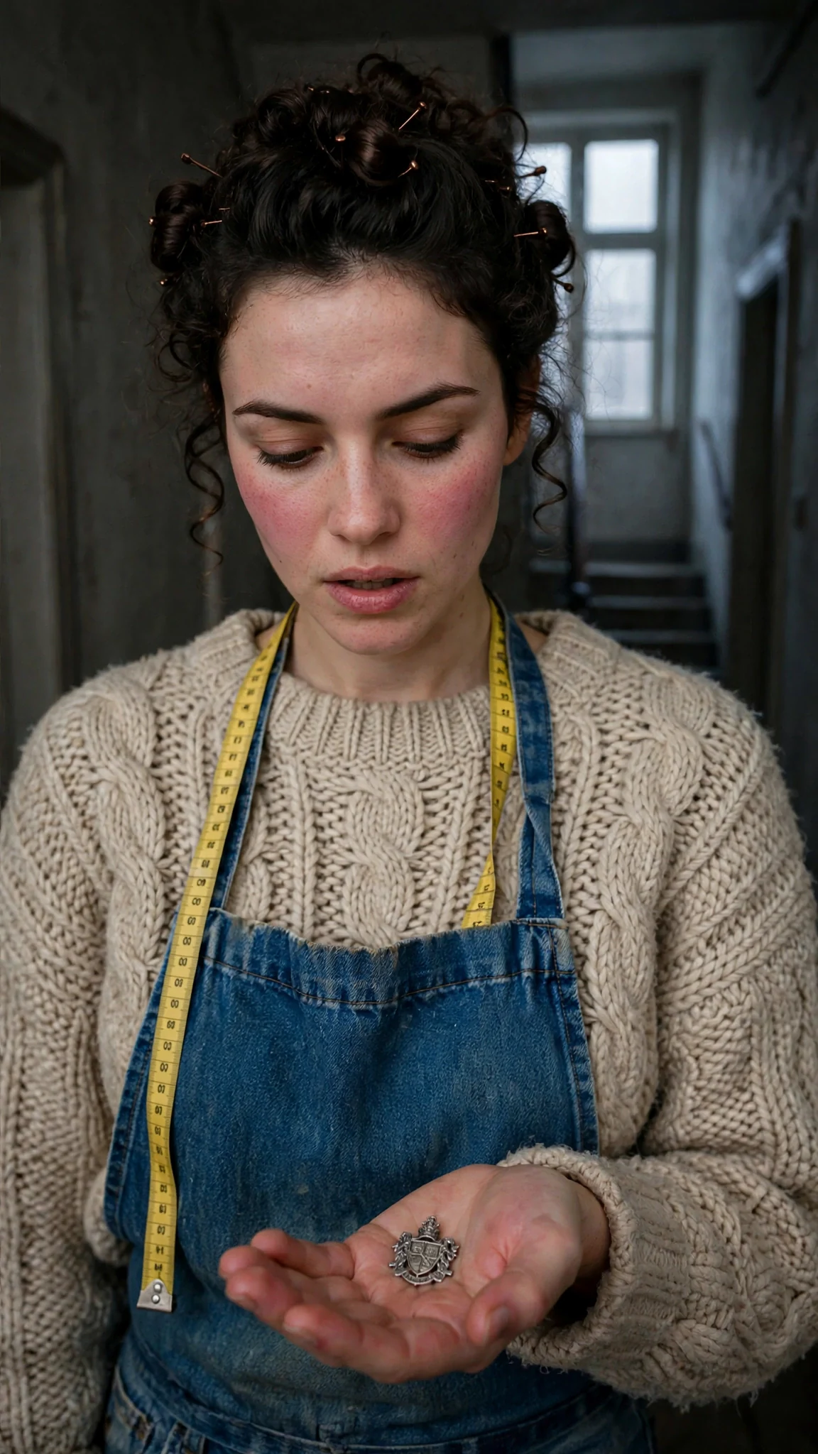 She stares down at the silver pin in her palm, cheeks flushed in the gray morning light.