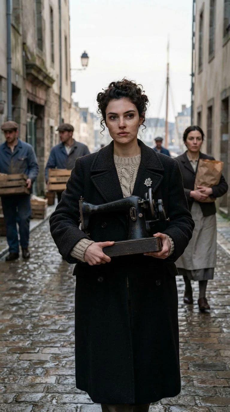 Mira walks down a wet stone street at dawn carrying her mother's heavy black sewing machine.