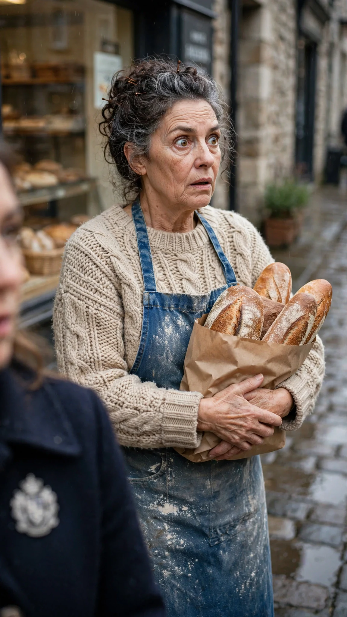 A baker in her apron freezes on the pavement, bread in her arms, staring at Mira's collar.