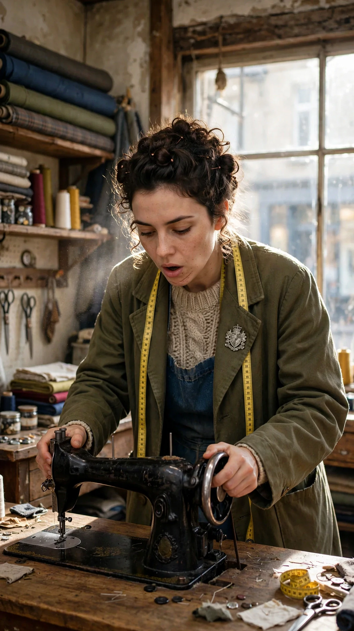 Inside the tailor shop, Mira sets the iron sewing machine down on the wooden counter.