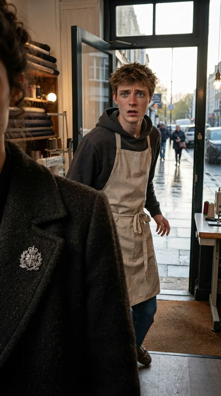 Teo comes through the shop door, hood up and apron untied, staring at his sister's coat.