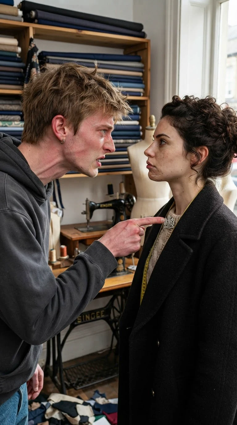 Teo points at the pin on Mira's coat, furious, while she holds his stare.