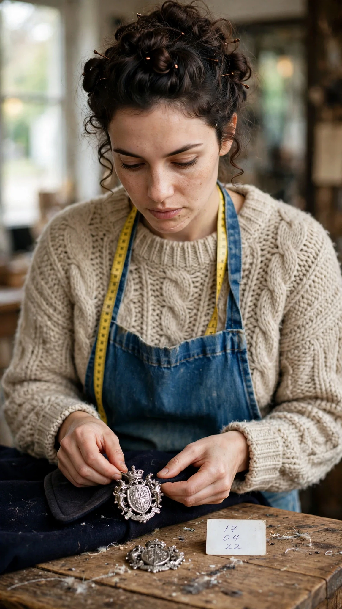 Mira unpins the crest from her coat and lays it on the counter beside the white card.