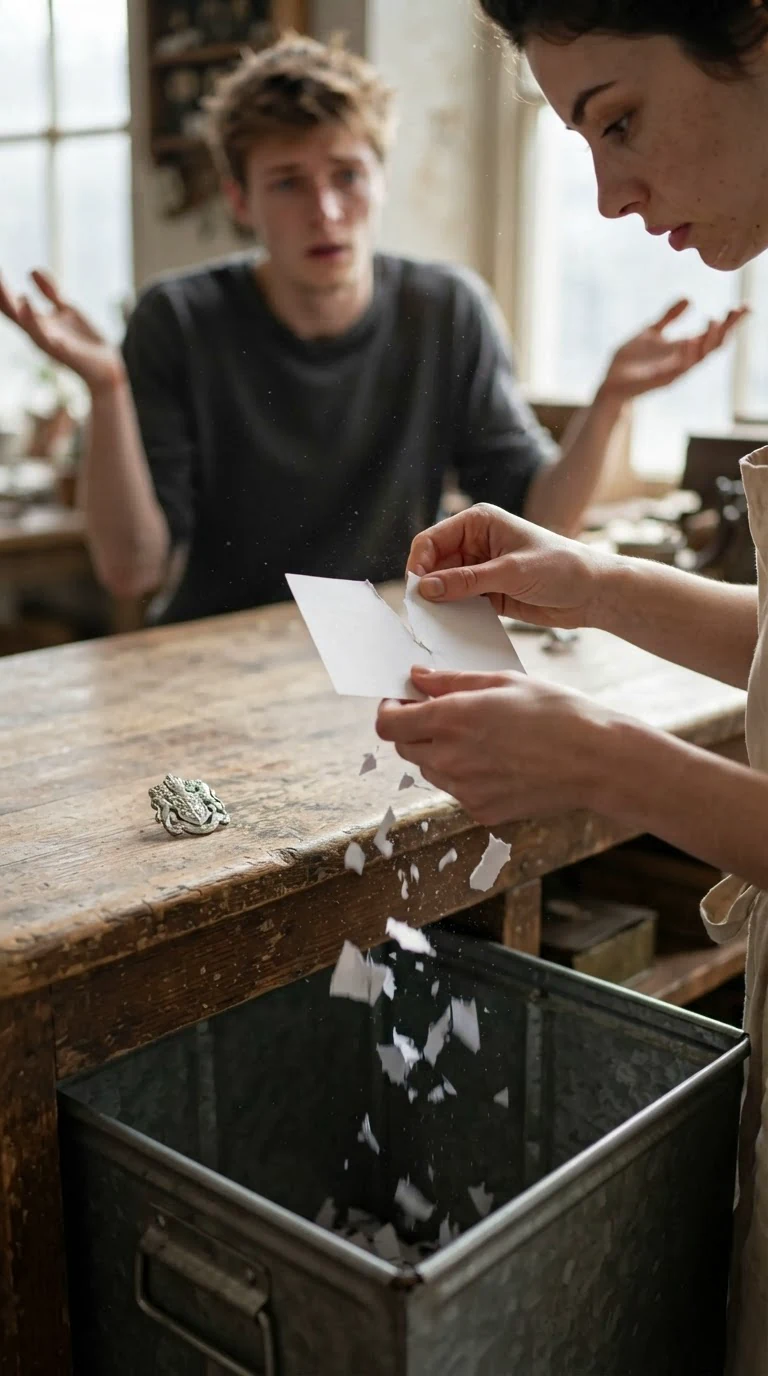 Her hands tear the white card into pieces over a bin under the counter.