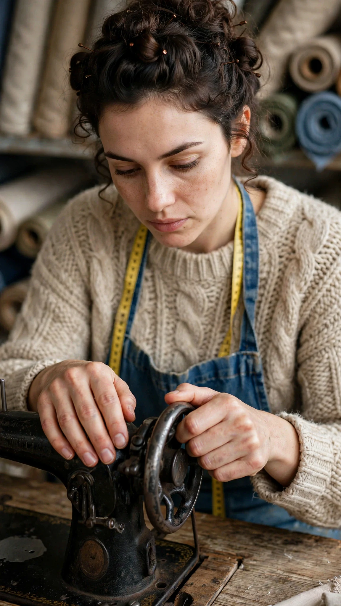 Mira's hands rest on the smooth iron wheel of her mother's sewing machine as she gets back to work.