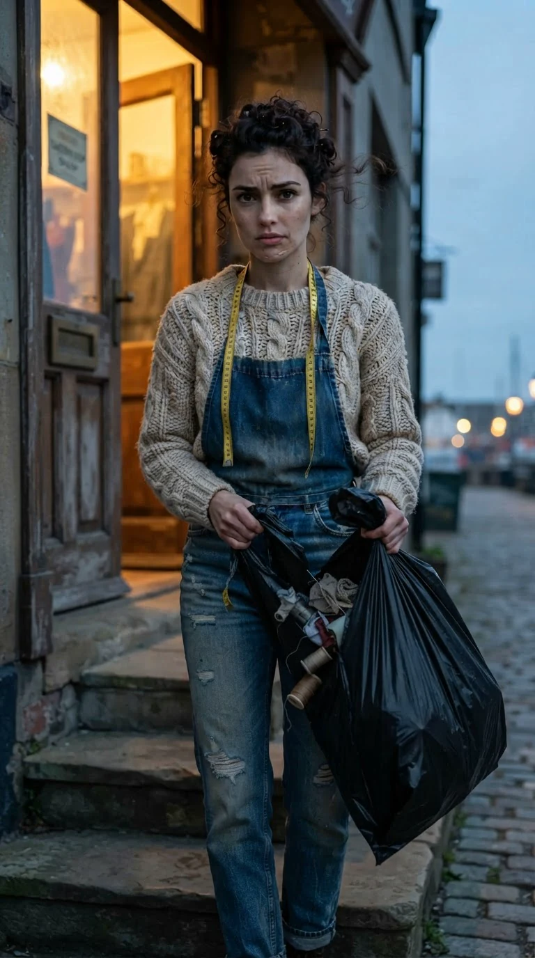 A young woman in a denim apron carries a leaking trash bag down the shop steps at dusk.