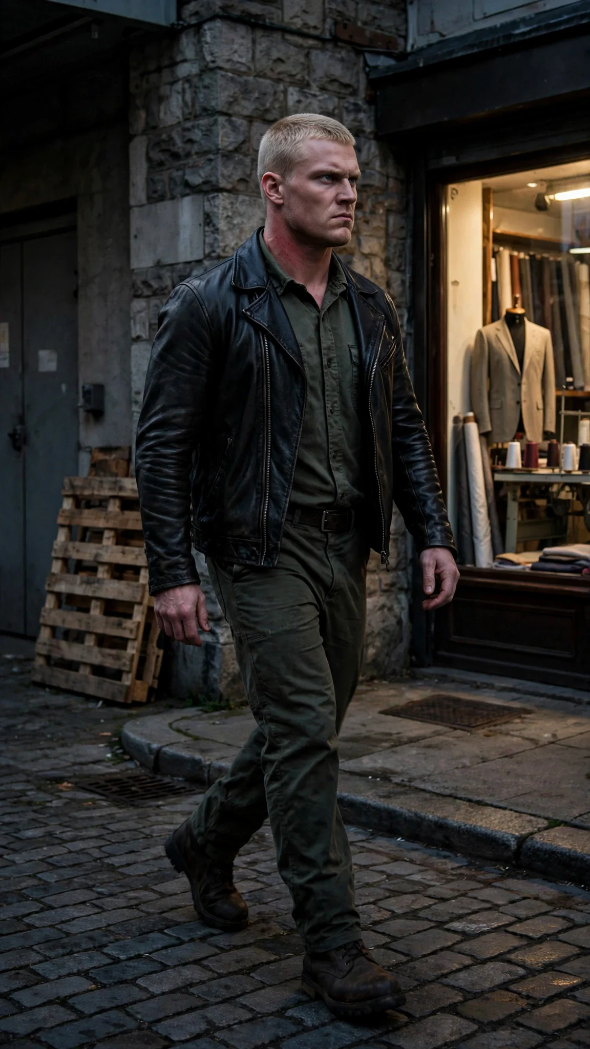 A broad blond man in a leather jacket walks around the corner of a loading bay toward the shop.