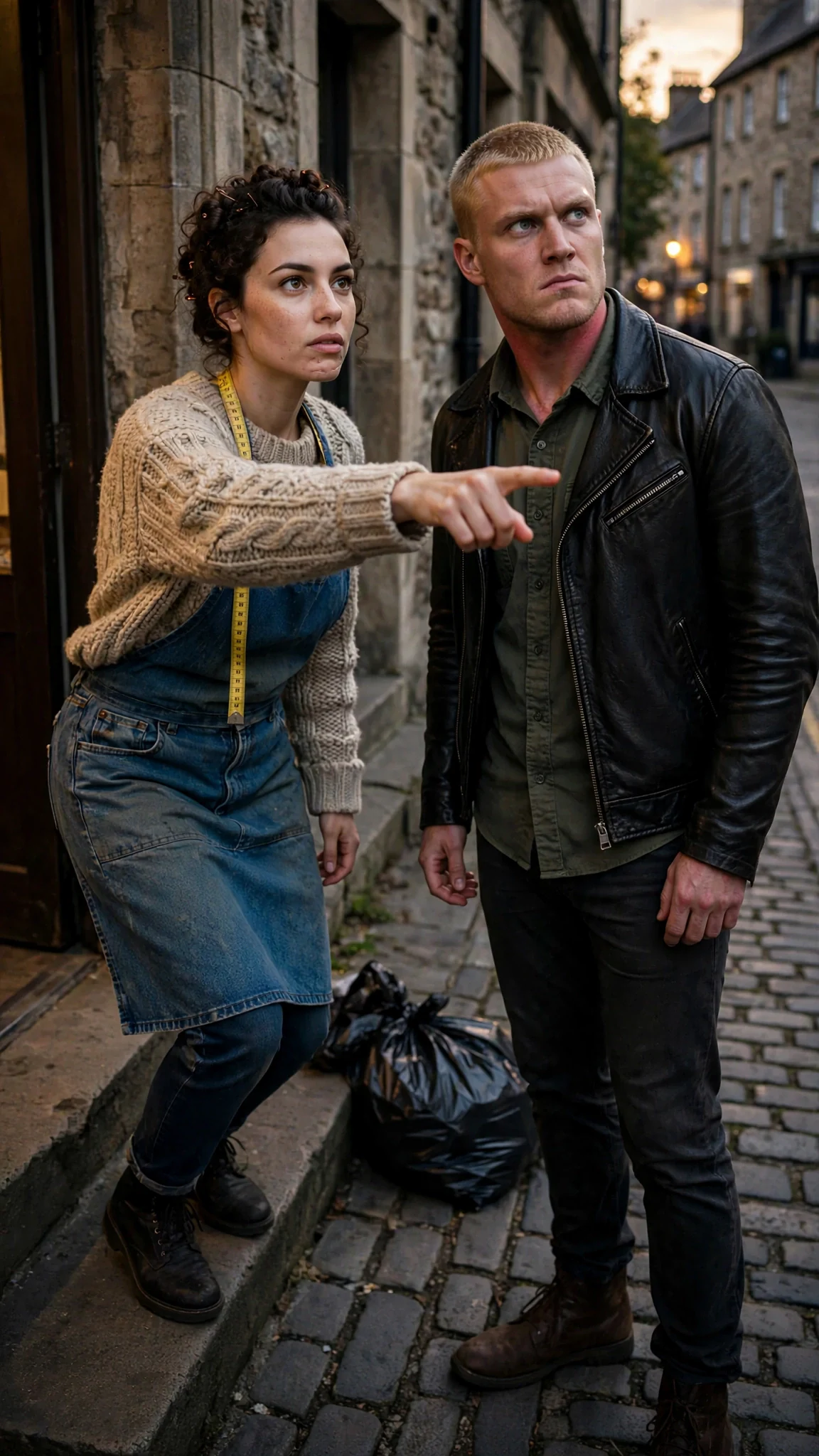 The woman squares up to him, trash bag dropped at her feet.