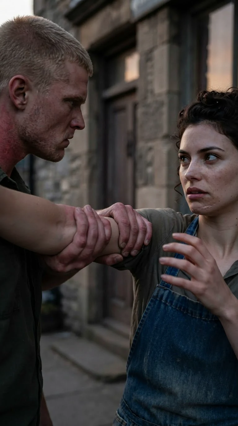 His hand clamps around her upper arm and her face twists in pain.