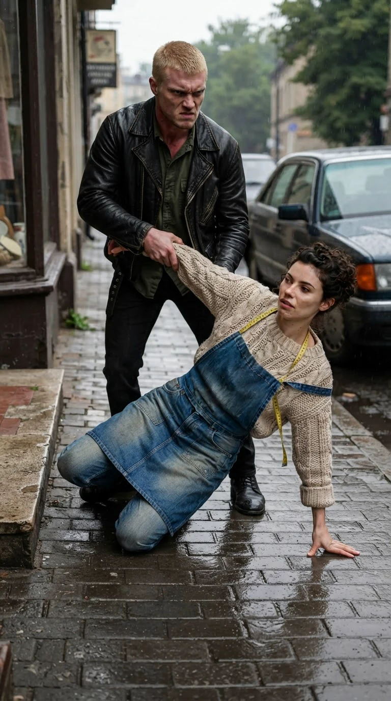He hauls her off the step and her knee hits the wet cobbles.