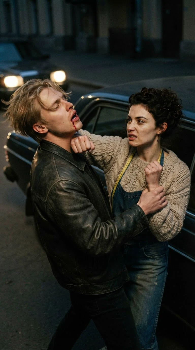 Her elbow slams into his mouth and his lip splits.