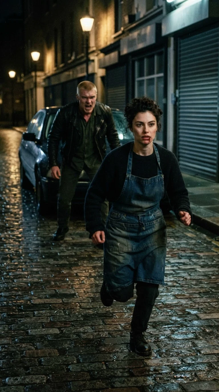 The woman runs down the pavement into the dark while he shouts after her.