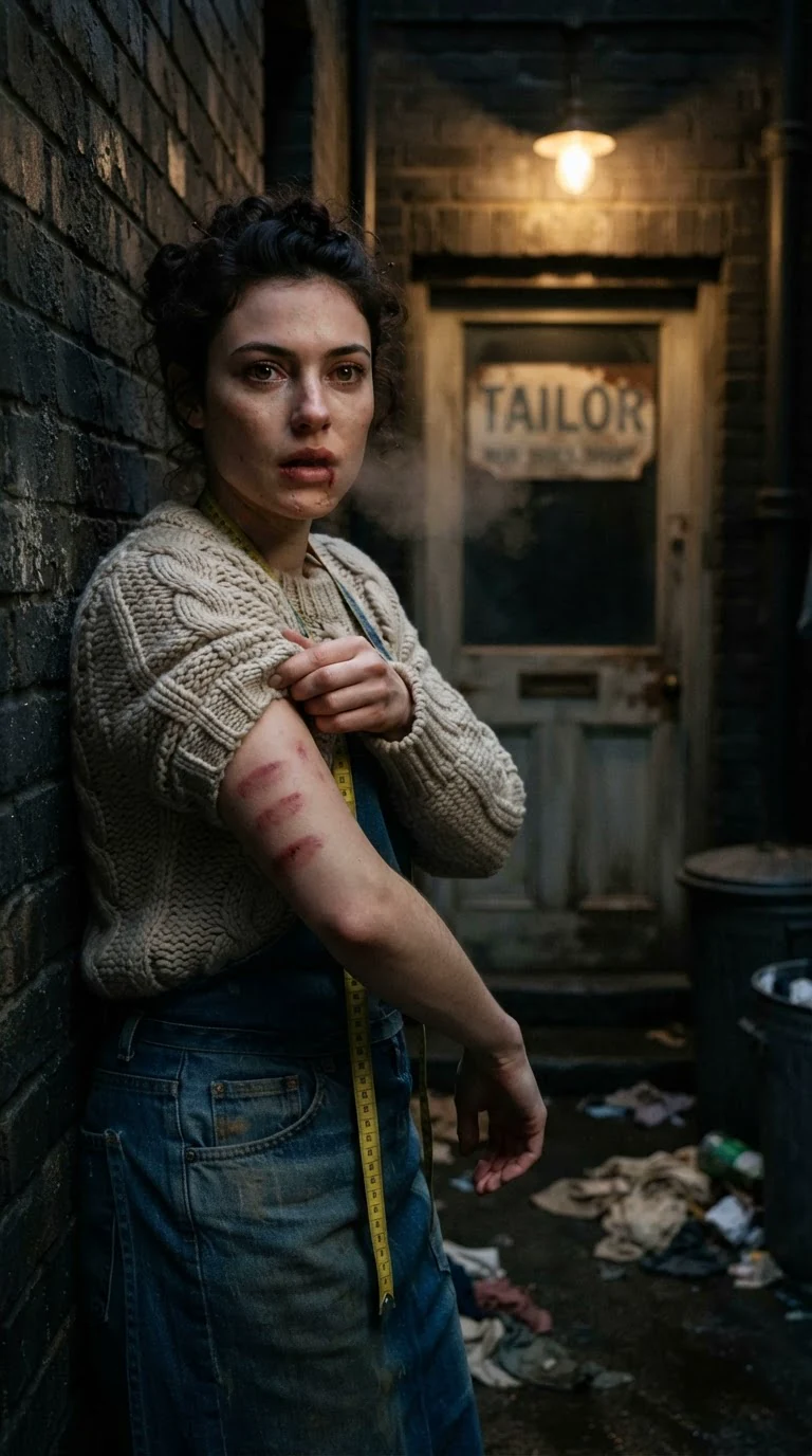 She leans against the alley brick, looking at the red marks on her arm.