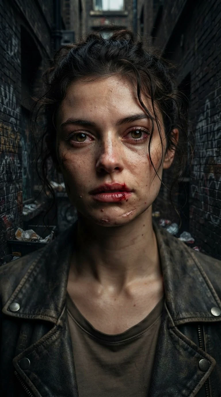 A close shot of her face, angry and hungry, deciding something.