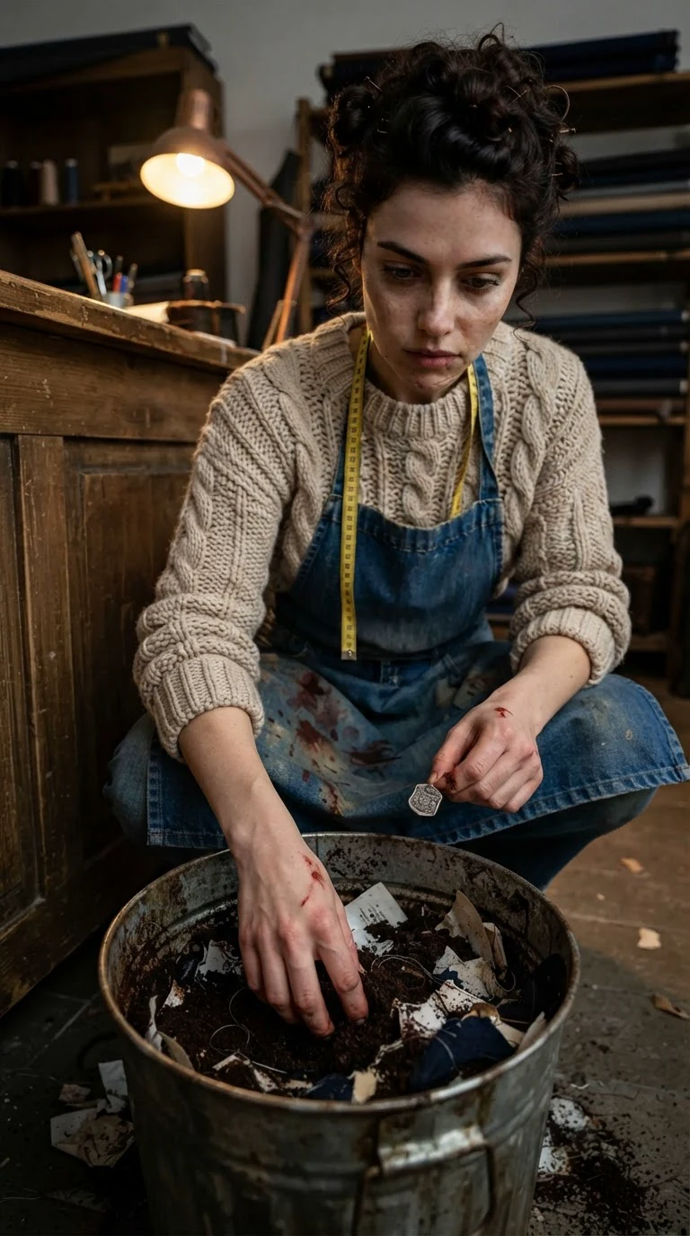 She digs a silver pin out of the shop bin under the counter light.