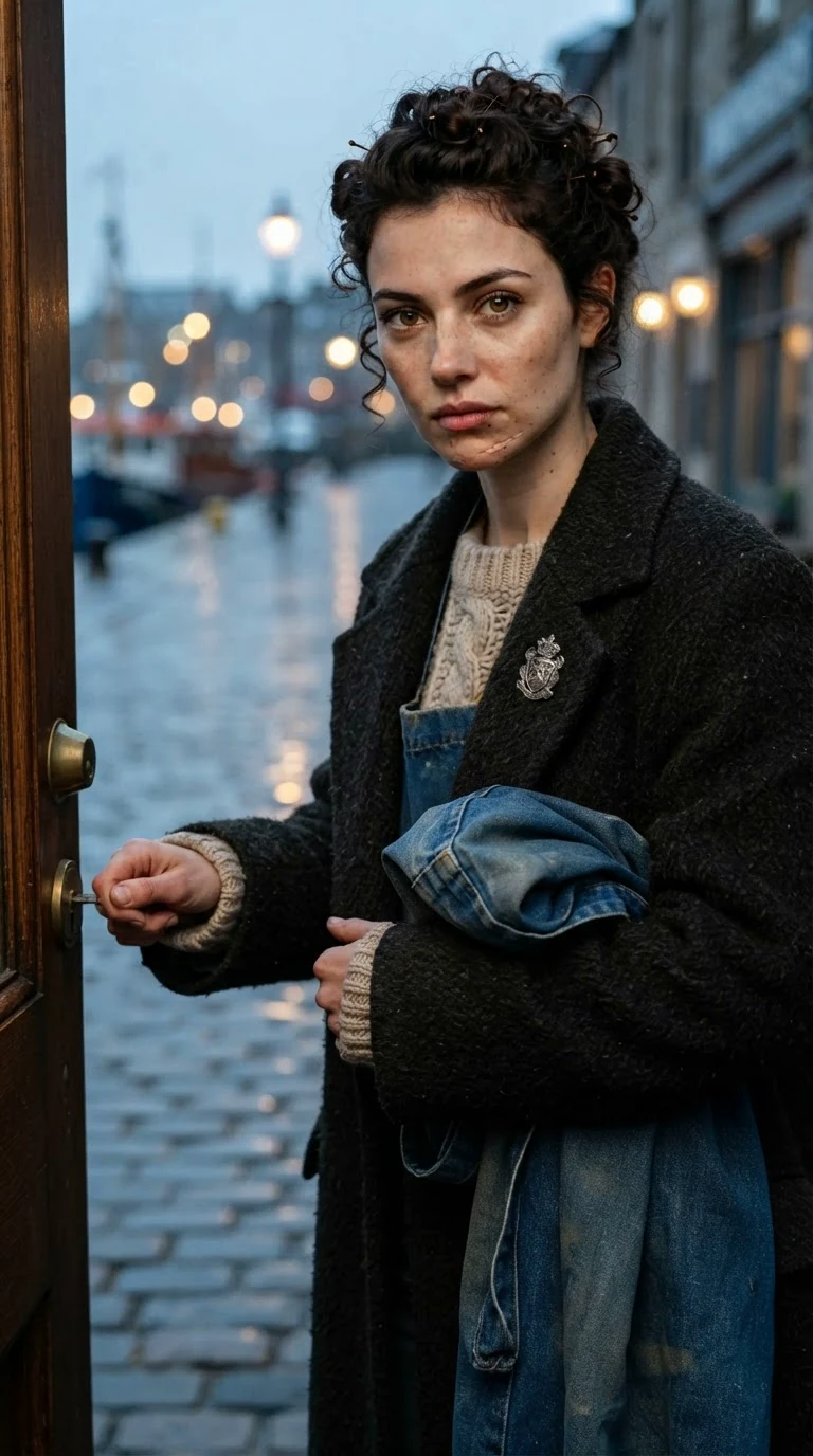 She locks the shop door and walks into the wet street, jaw set.
