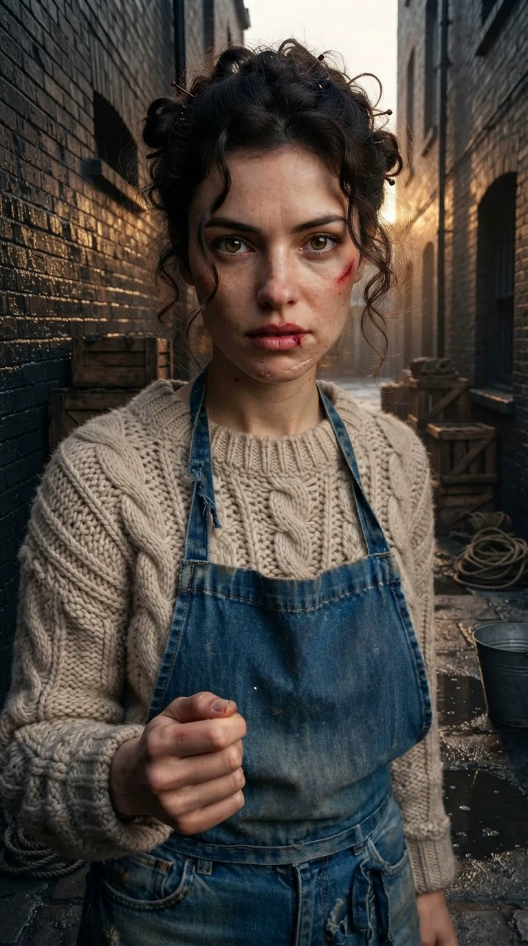 A bruised woman stands in a wet alley, a silver pin clenched in her fist.