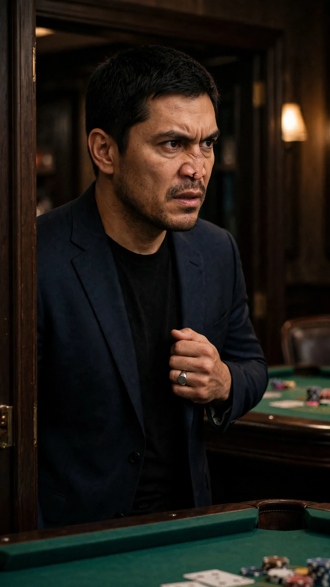 A tall man in a dark suit stands in a card room doorway, his face going still.