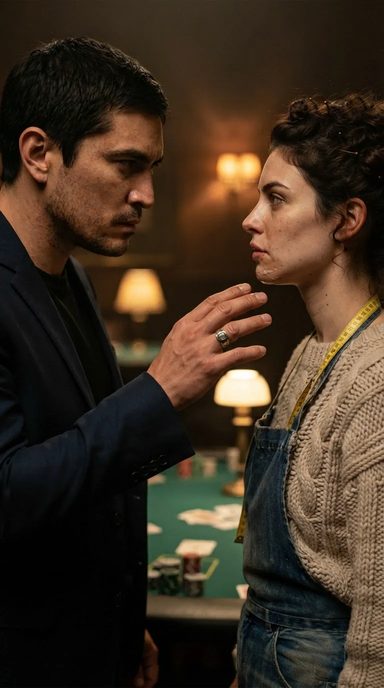 The tall man crosses the room fast, his hand lifting toward her bruised cheek.