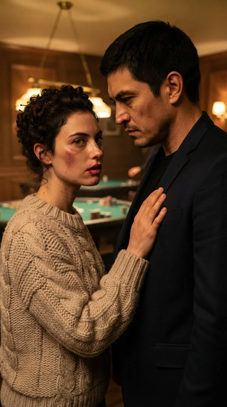 The woman steps closer, her hand flat on his chest, her bruised face fierce.
