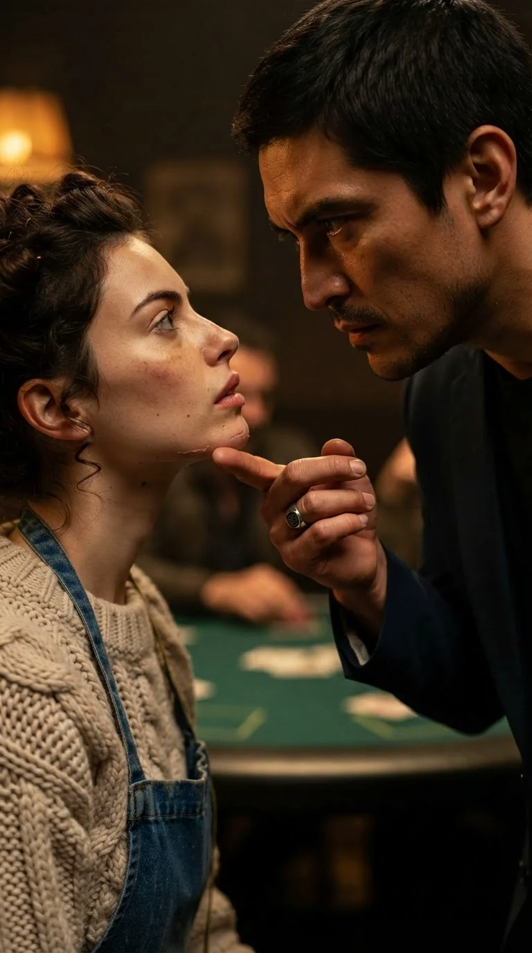 The man tilts her chin up with one finger, studying her bruised face.