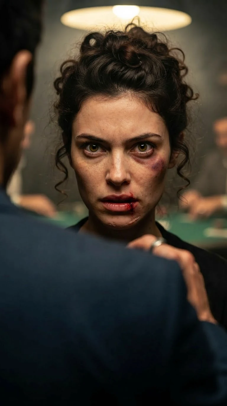 The woman's eyes flash with anger and something else, her jaw tight.