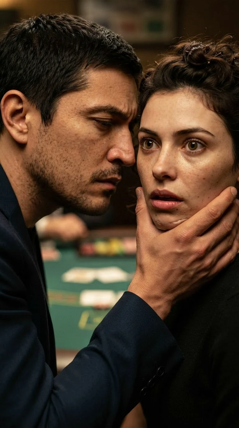 The man leans close, his mouth near her ear, his voice a low threat.