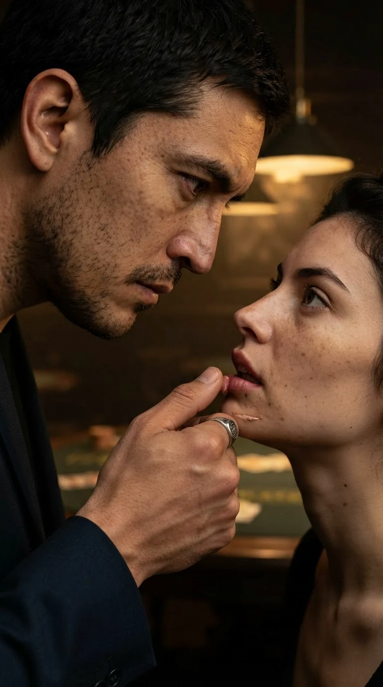 The man repeats her name, his thumb brushing her split lip, his eyes dark and satisfied.