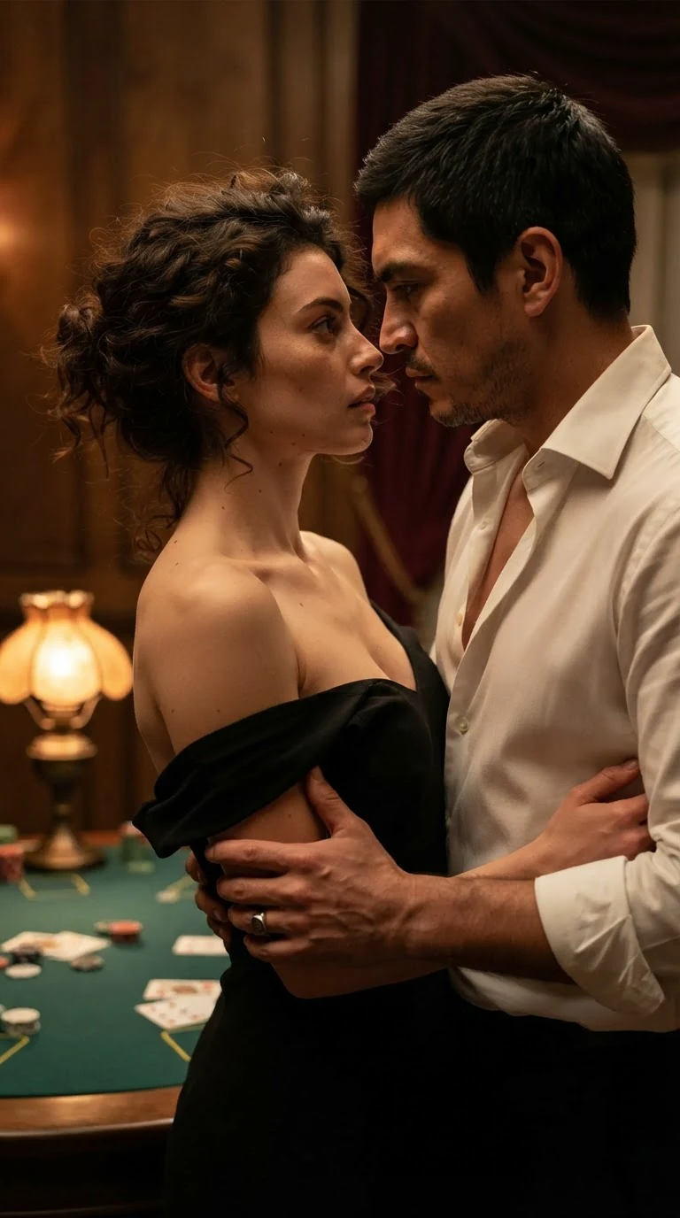 The torn dress falls away, and the man's hands find her bare waist.