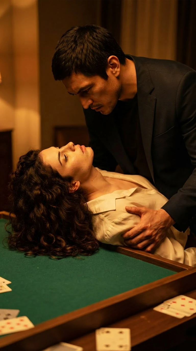 The man kneels at the table edge, his face lowered between her thighs.
