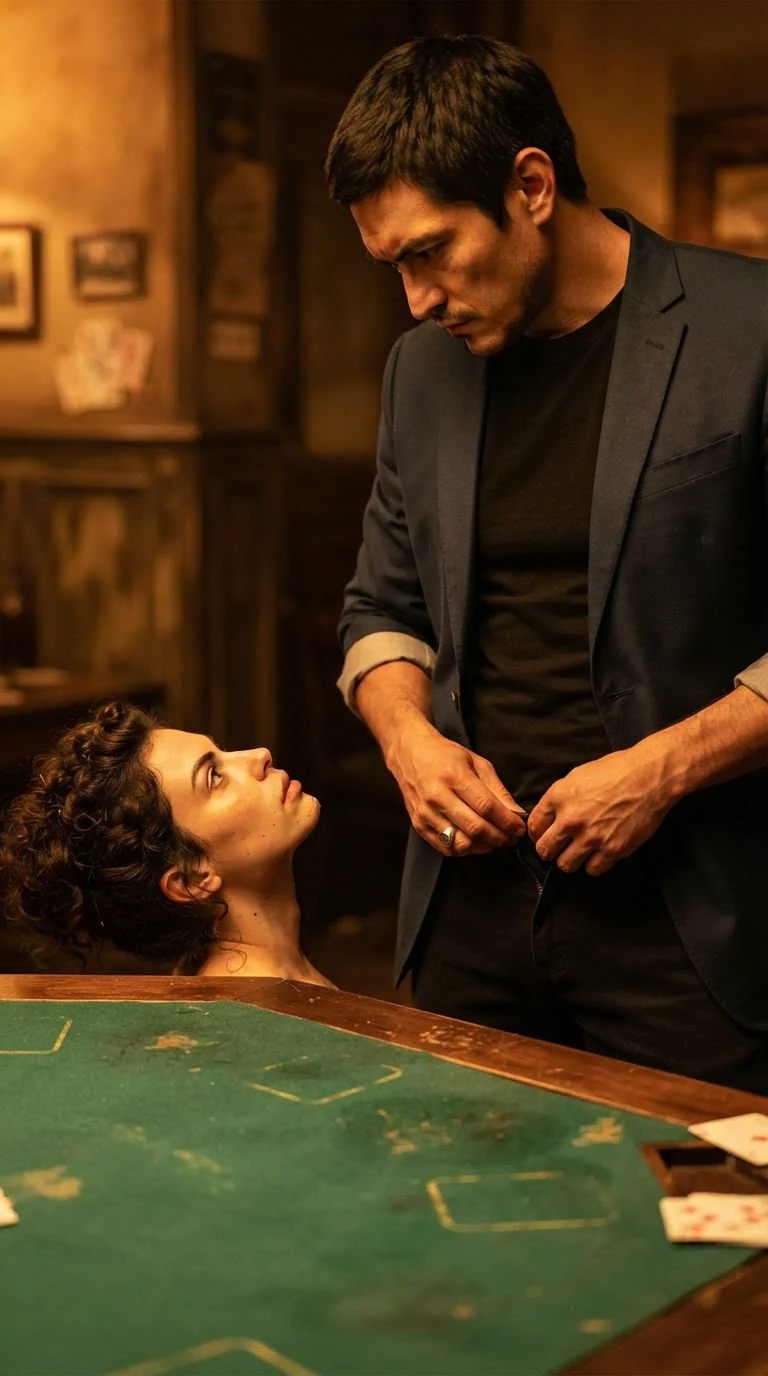 The man rises at the table edge, unbuttoning his pants, his face dark with need.