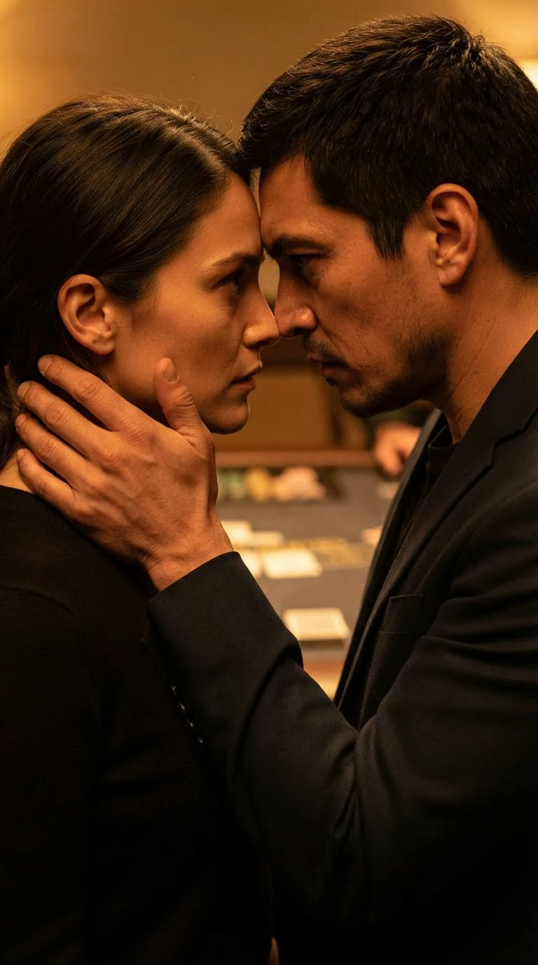 The man pushes inside her, both their faces taut with pleasure.