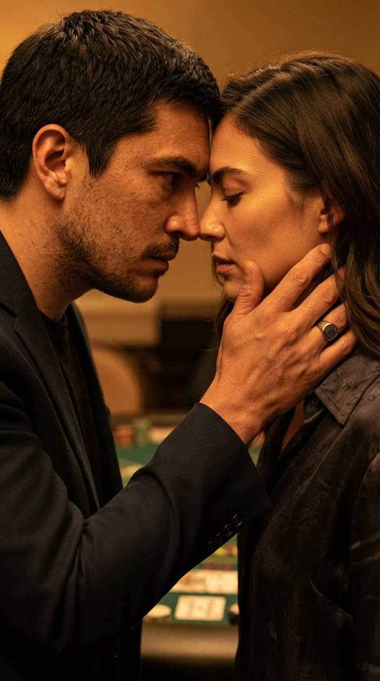 The man grips her hip and drives harder, the table creaking beneath them.