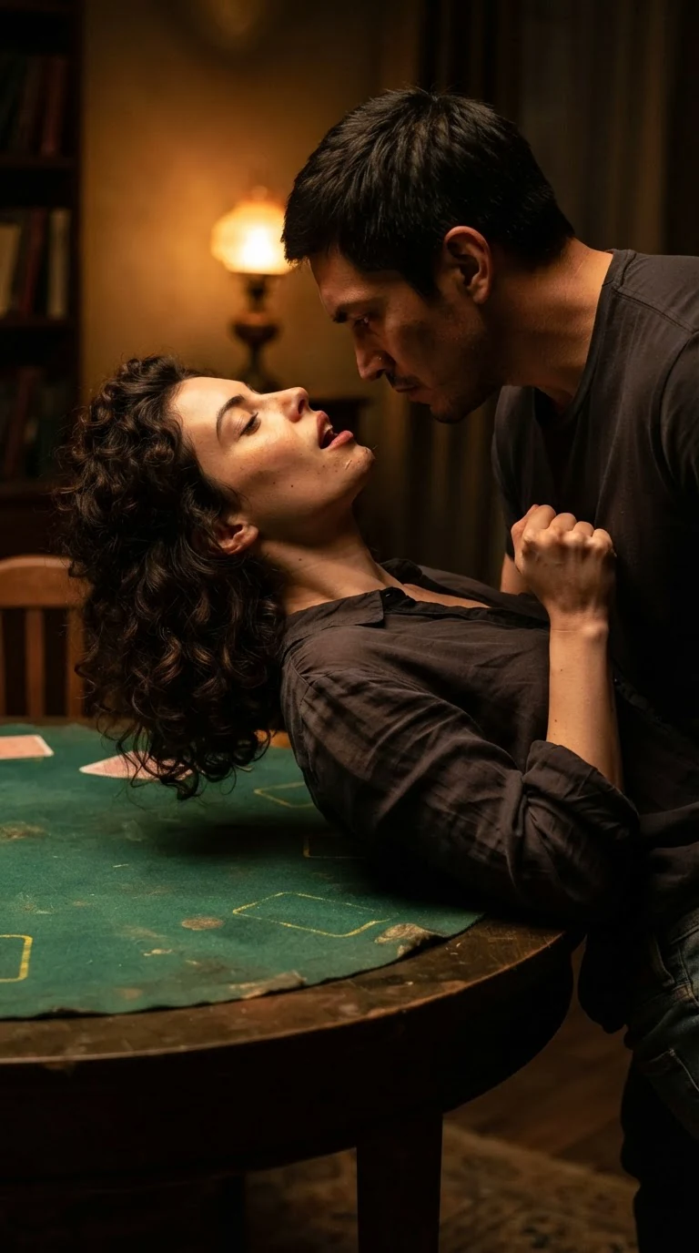 The woman's body arches off the table, her hand fisted in his shirt.