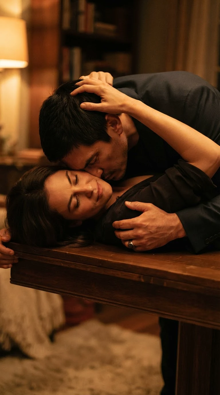 The man buries his face in her neck as he finishes, his body taut.