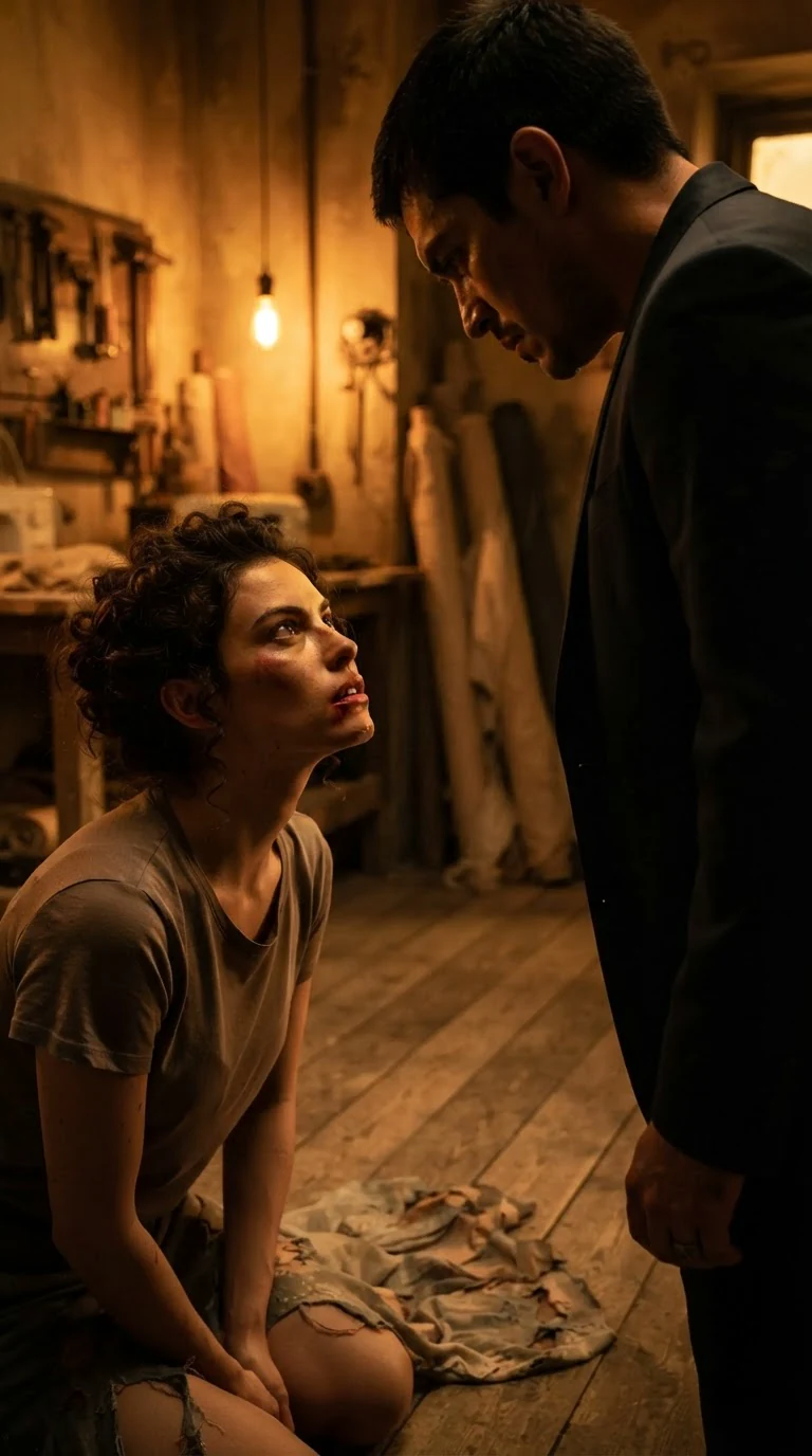The woman looks up at him, jaw set, her eyes burning with reckless hunger.