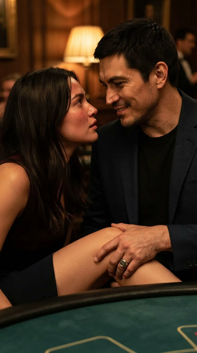 A dark satisfied smile on the man's face as his hand tightens on her thigh.