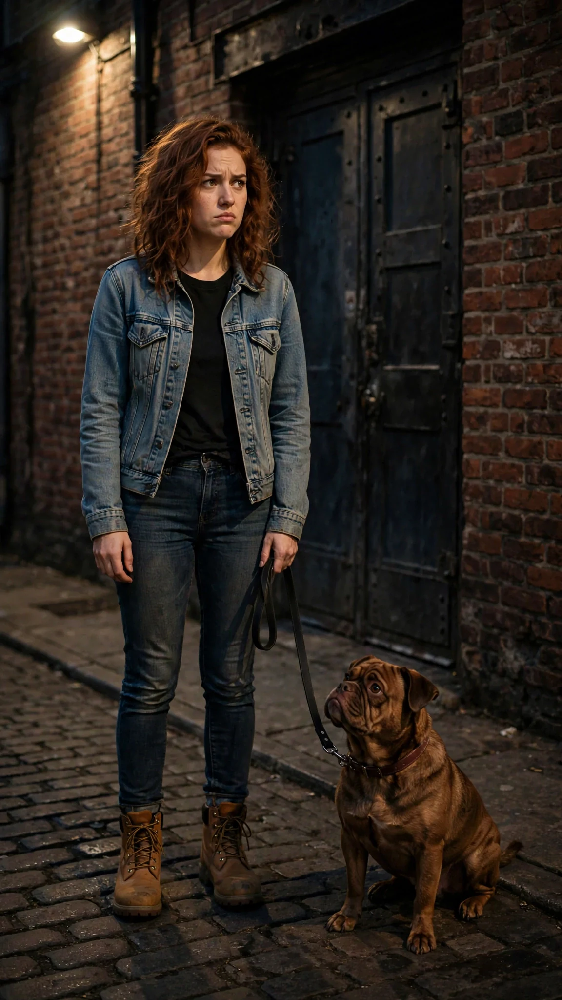A young woman in a denim jacket stands at a steel door in a brick alley, holding a leash.