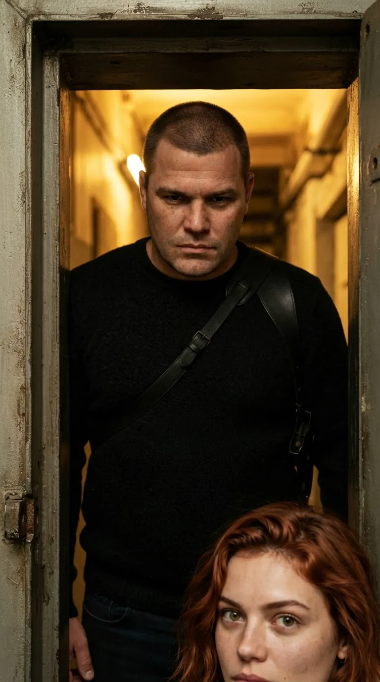 A broad-shouldered man in a dark sweater opens the door and looks down at her.