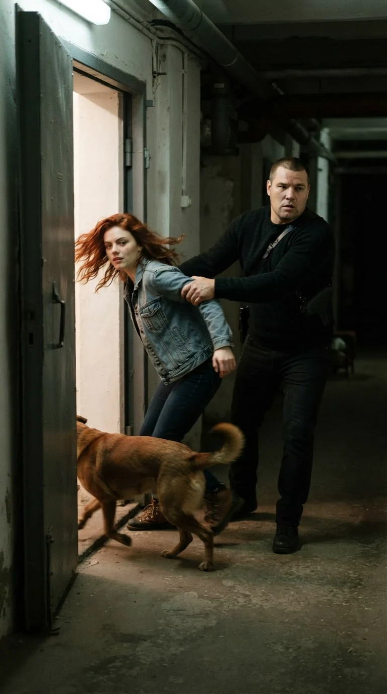 The man grips Winnie's arm and pulls her through the doorway.