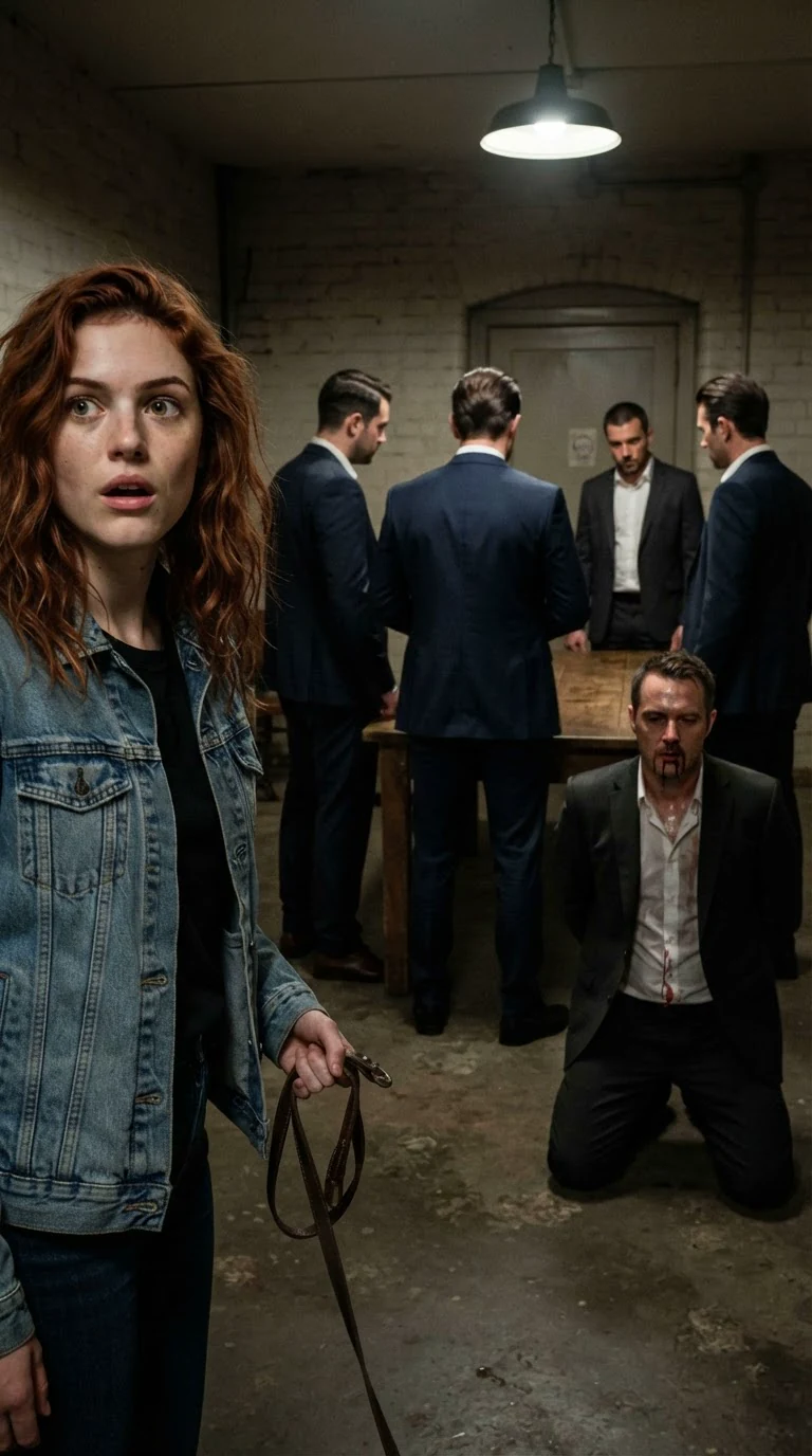 A dim room with a table, suited men, and a bleeding man on his knees.