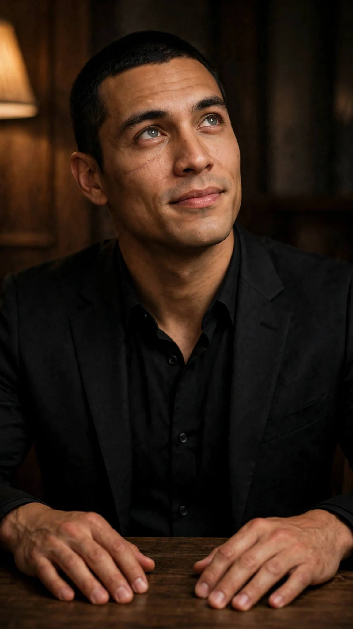 A tall man in a dark suit sits at the table and looks up at her, unbothered.