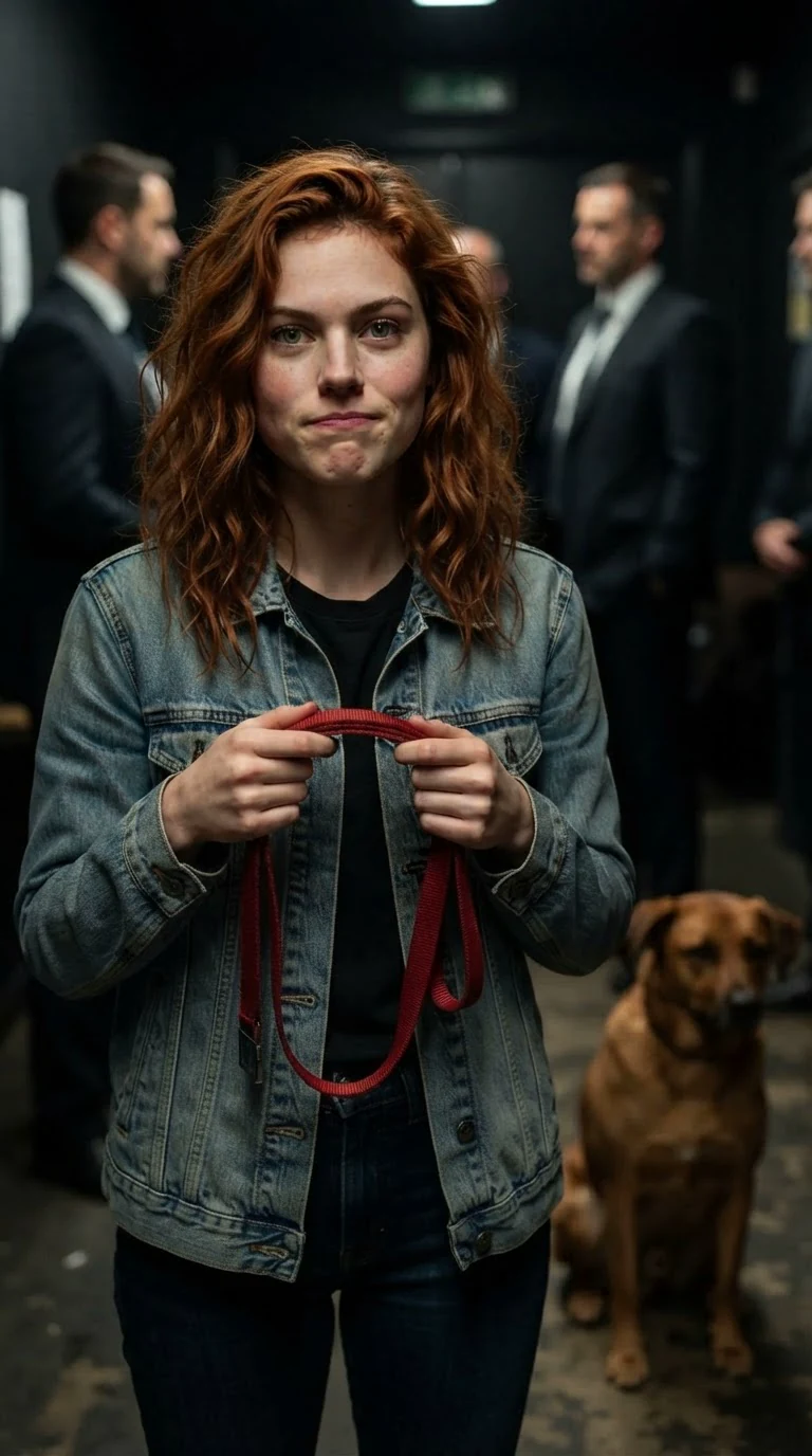 Winnie holds up the dog leash like a passport, embarrassed.