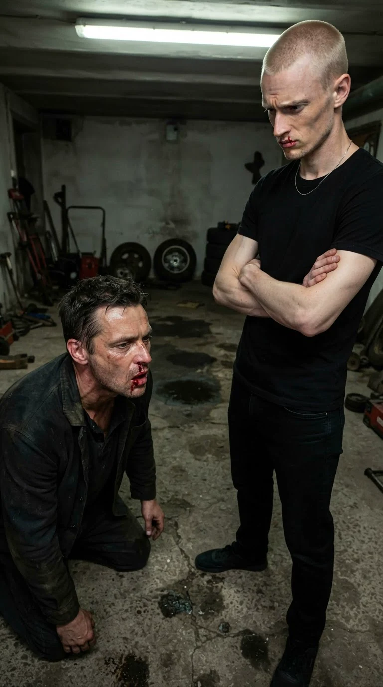 The bleeding man coughs on the floor while a soldier stands over him.