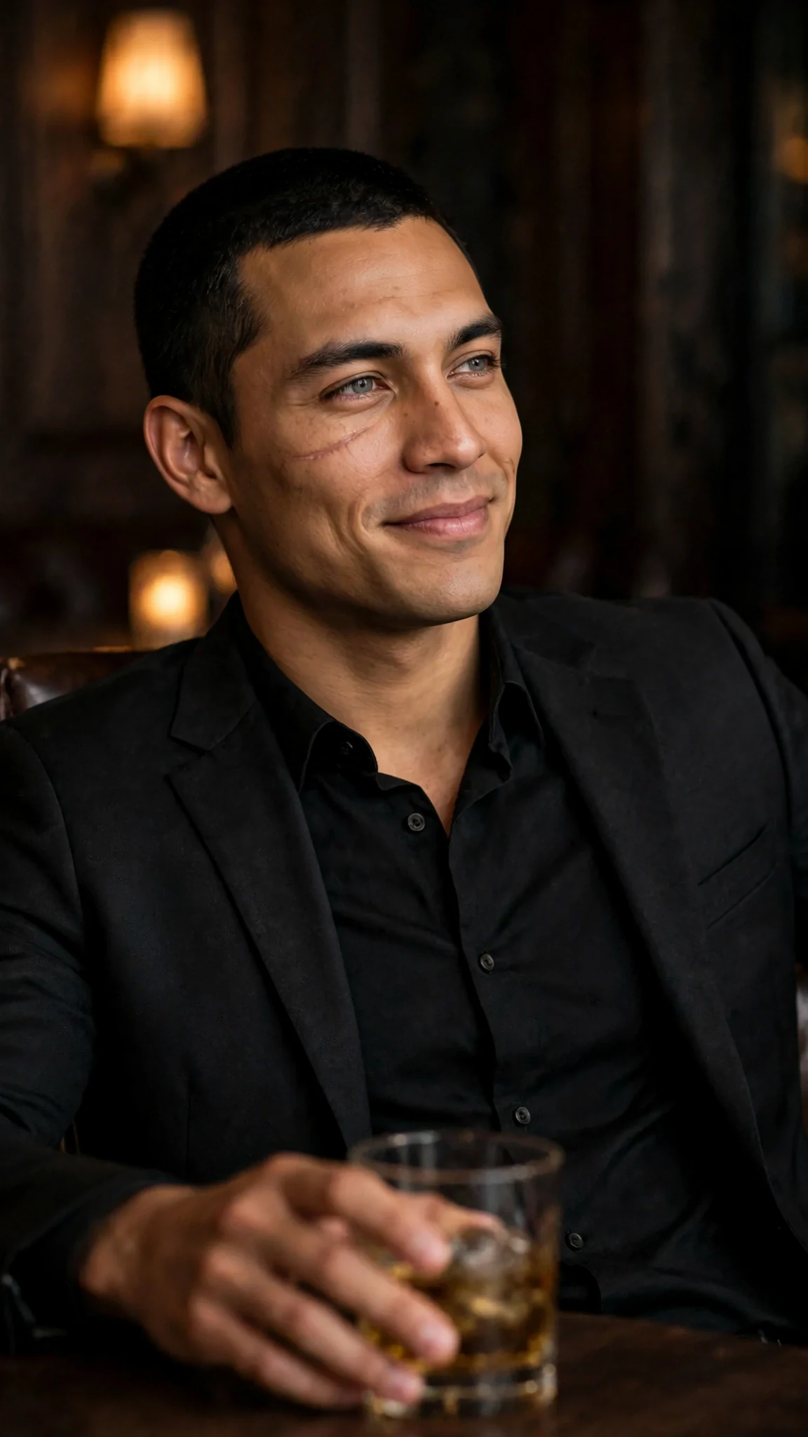 The man in the dark suit leans back with a dry, private smile.